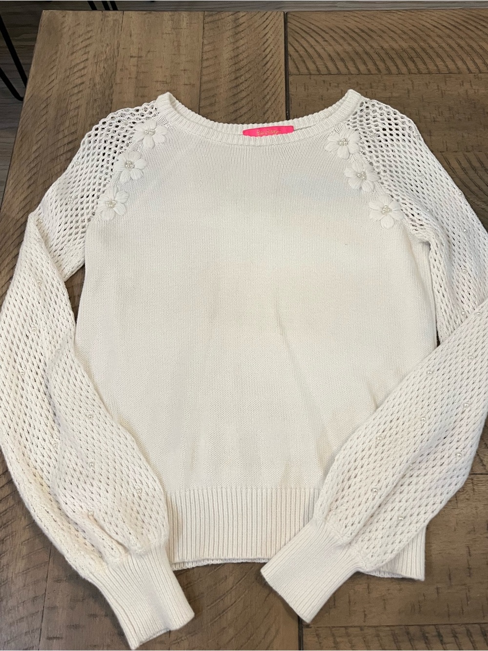 Lilly Pulitzer off white Floral-Applique Open-Weave Sleeve Crew Sweater